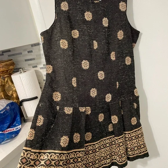 Free People Sleeveless black beige pleated bottom Tapestry dress with pockets 12 - Picture 4 of 8